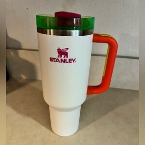 40oz Stanley White Mug with Green Lid and Orange Handle